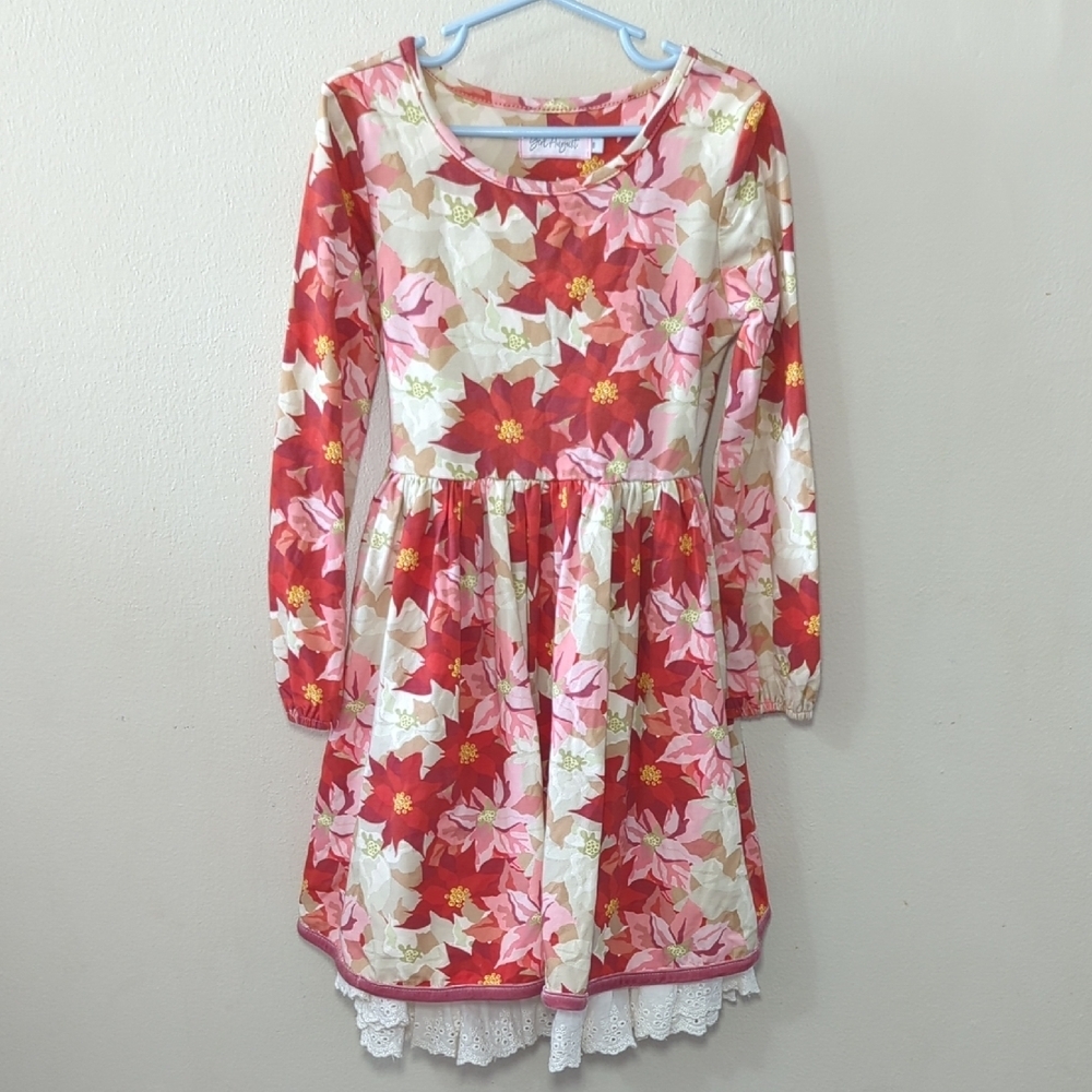 Girl August Poinsettia Dress Red Cream Pink Christmas Ruffle Eyelet Girls Size 8